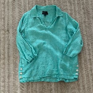 TAHARI 100% Linen 3/4 Sleeve Collared Teal V Neck Mother of Pearl Buttons XL